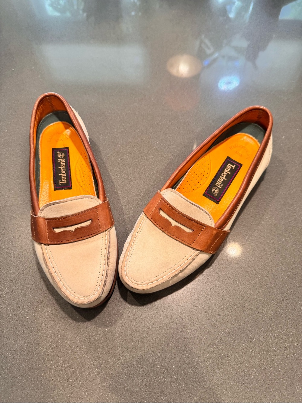 Timberland Two-Tone Beige and Brown Penny Loafers for Women 7.5